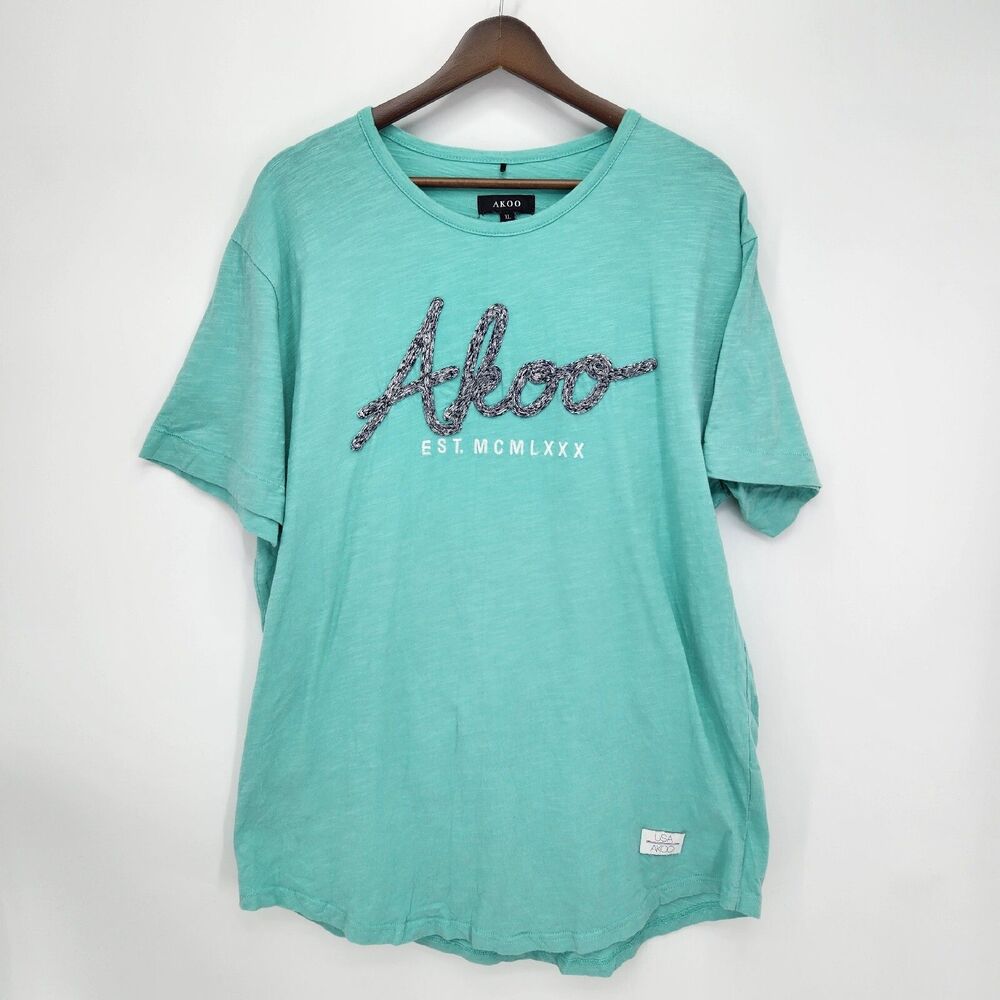Akoo Mens Crew Neck T Shirt Short Sleeves Embroidered Logo Mint Blue Size XL
